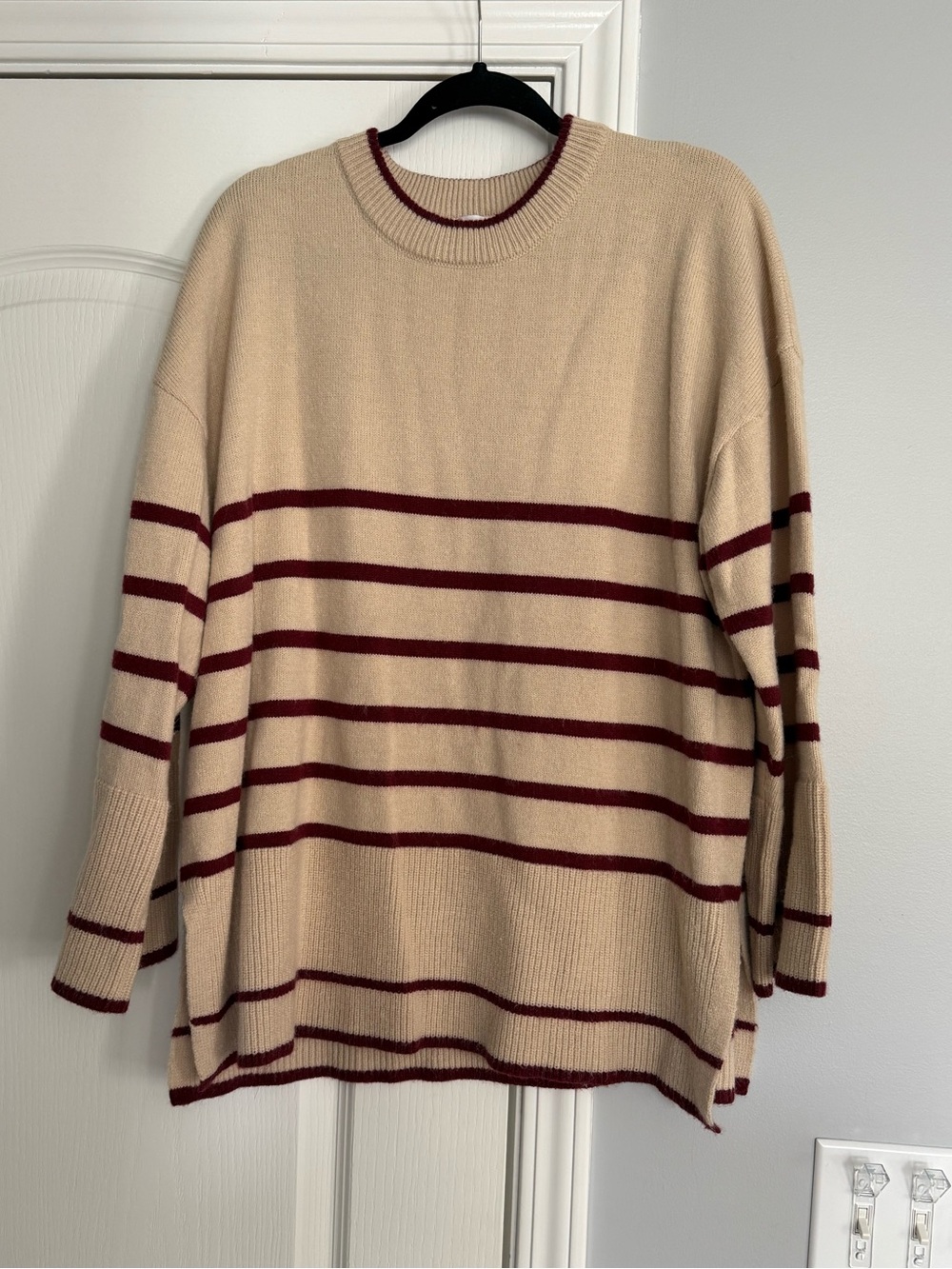 AnnieWear Cream Stripe Crewneck Sweater with Maroon Accents